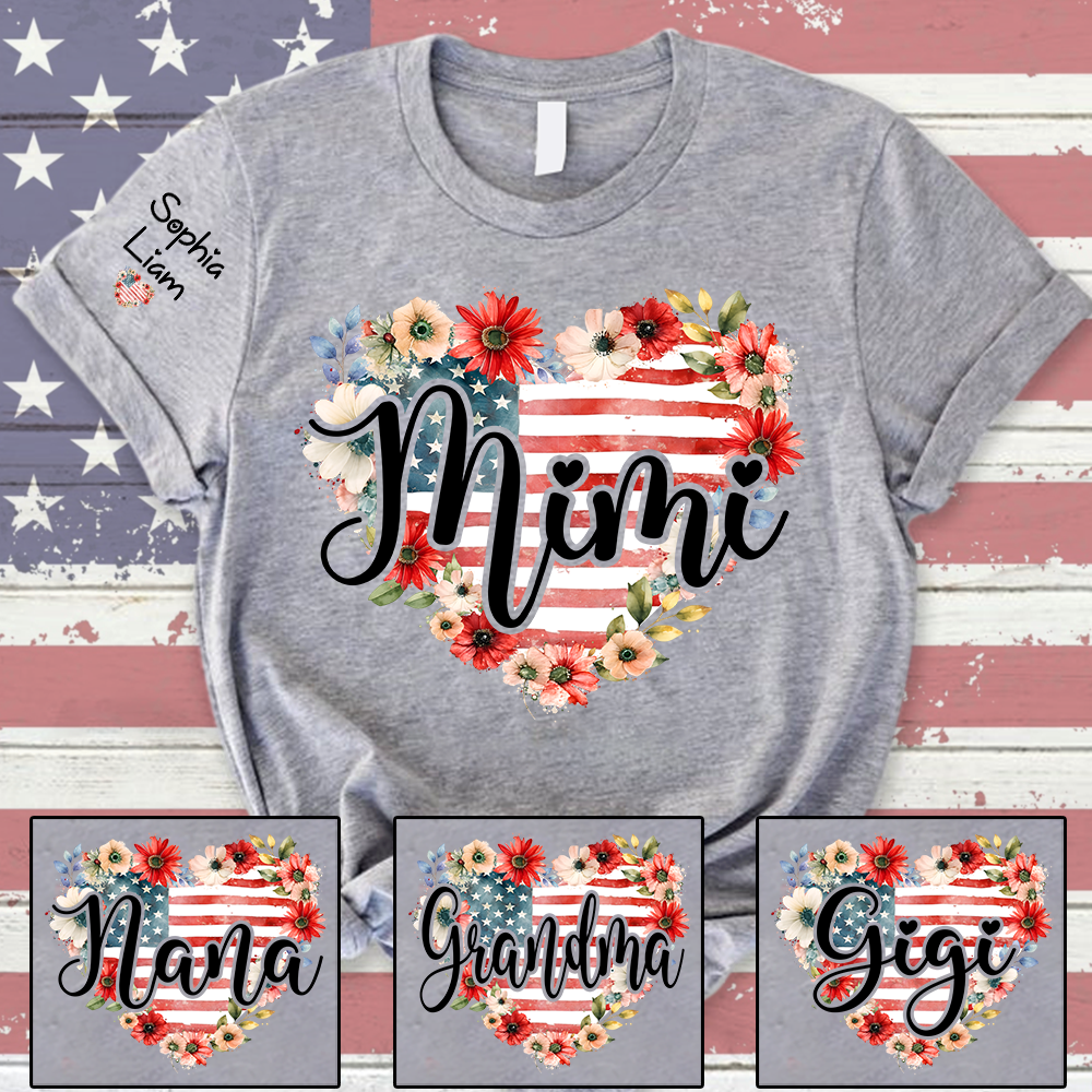 Mimi Patriotic Floral T Shirt, Custom Heart Design with American Flag, Personalized Gift for Grandma, Perfect for Mother’s Day