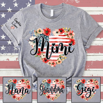 Mimi Patriotic Floral T Shirt, Custom Heart Design with American Flag, Personalized Gift for Grandma, Perfect for Mother’s Day