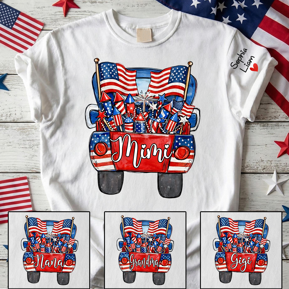 Personalized Mimi Shirt, Patriotic Truck Fireworks Design, Custom Name Sleeve, Fourth of July Shirt, Independence Day Family Outfit