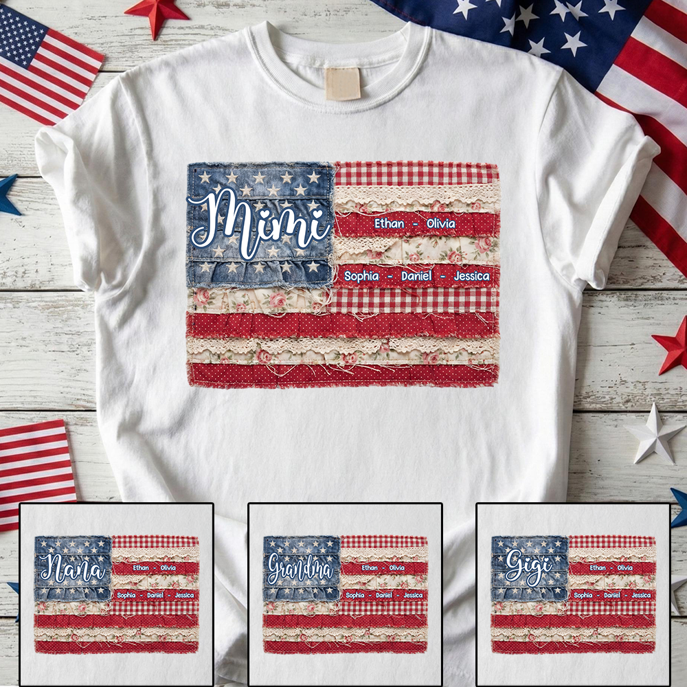 Personalized Mimi Shirt with Kids Names Patriotic American Flag Patchwork Design Custom Gift for Mom Grandma