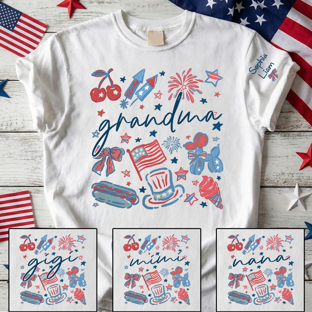 Grandma Custom T Shirt, Independence Day Themed Design with Fireworks, Stars, and USA Icons