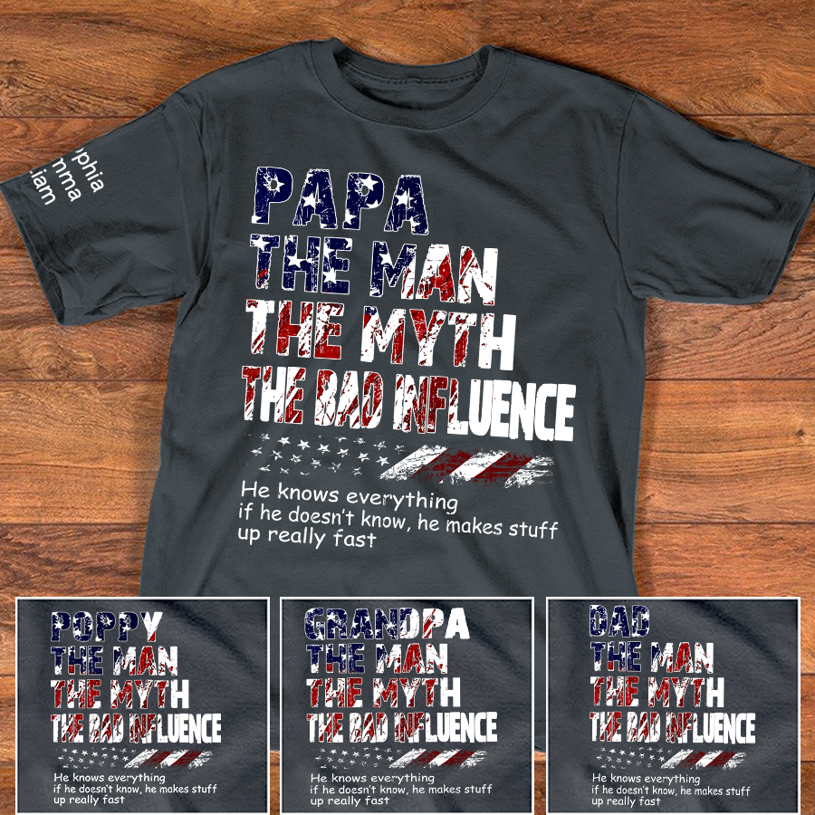 Personalized Papa The Man The Myth The Bad Influence Shirt, Custom Nickname Patriotic USA Flag Tee for Dad Grandpa Poppy, 4th of July Family Shirt Gift