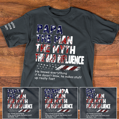 Personalized Papa The Man The Myth The Bad Influence Shirt, Custom Nickname Patriotic USA Flag Tee for Dad Grandpa Poppy, 4th of July Family Shirt Gift