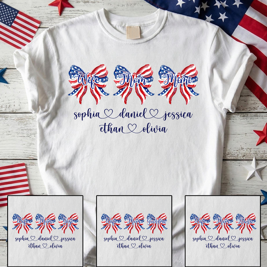 Custom Wife Mom Mimi Grandma Shirt, Patriotic Bow Tee with Family Names, Personalized Fourth of July Gift for Women