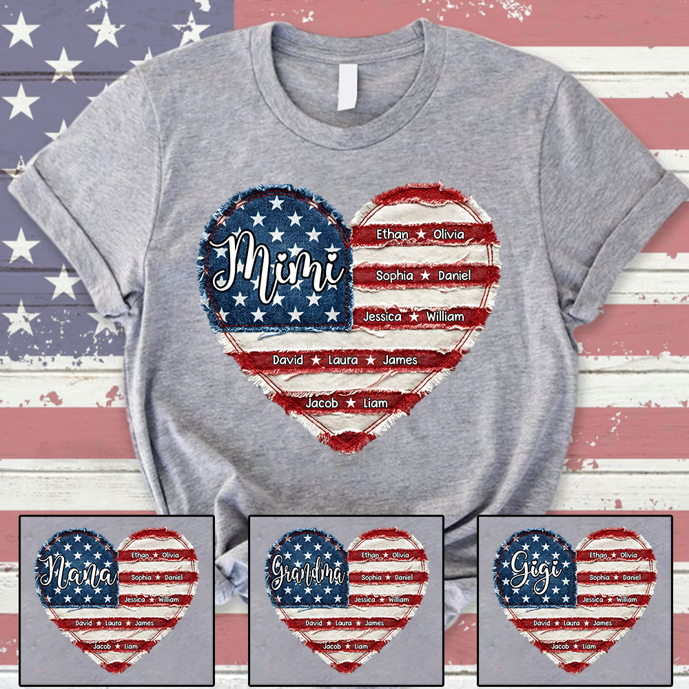 Personalized Mimi Shirt, Custom Family Names T Shirt, American Flag Heart Design, Patriotic Gift for Mimi