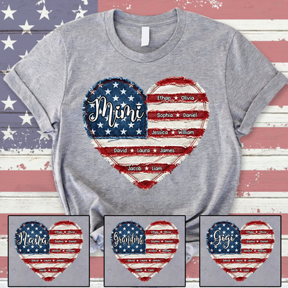 Personalized Mimi Shirt, Custom Family Names T Shirt, American Flag Heart Design, Patriotic Gift for Mimi