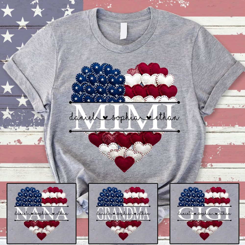 Personalized Mimi T Shirt, American Flag Heart Design, Custom Family Names Shirt