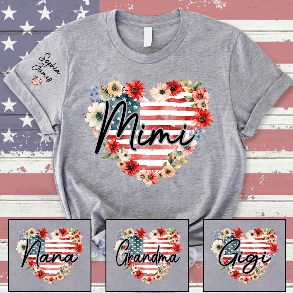 Floral Heart Mimi Shirt – Personalized Family Names with American Flag Design, Great Gift for Mimi