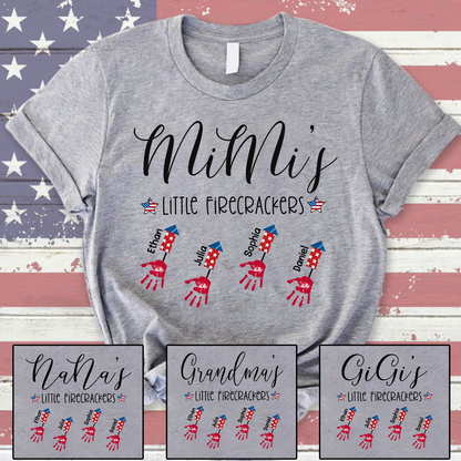 Personalized Mimi's Little Firecrackers T Shirt, Custom Grandchildren Names with Firework Handprint Design