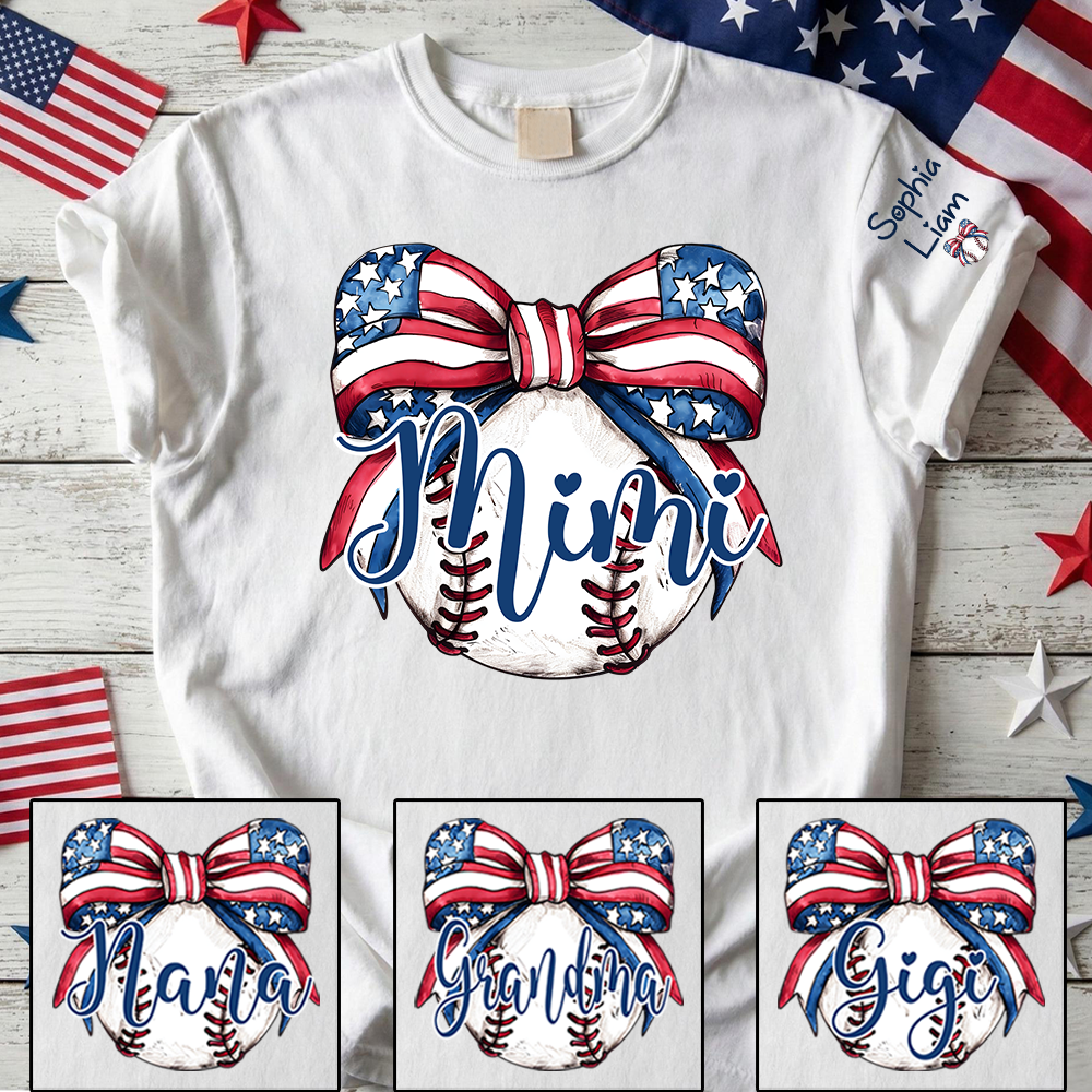 Personalized Mimi Baseball Shirt, Custom Grandma Baseball Bow T Shirt with Kids Names, Patriotic Family Gift for 4th of July