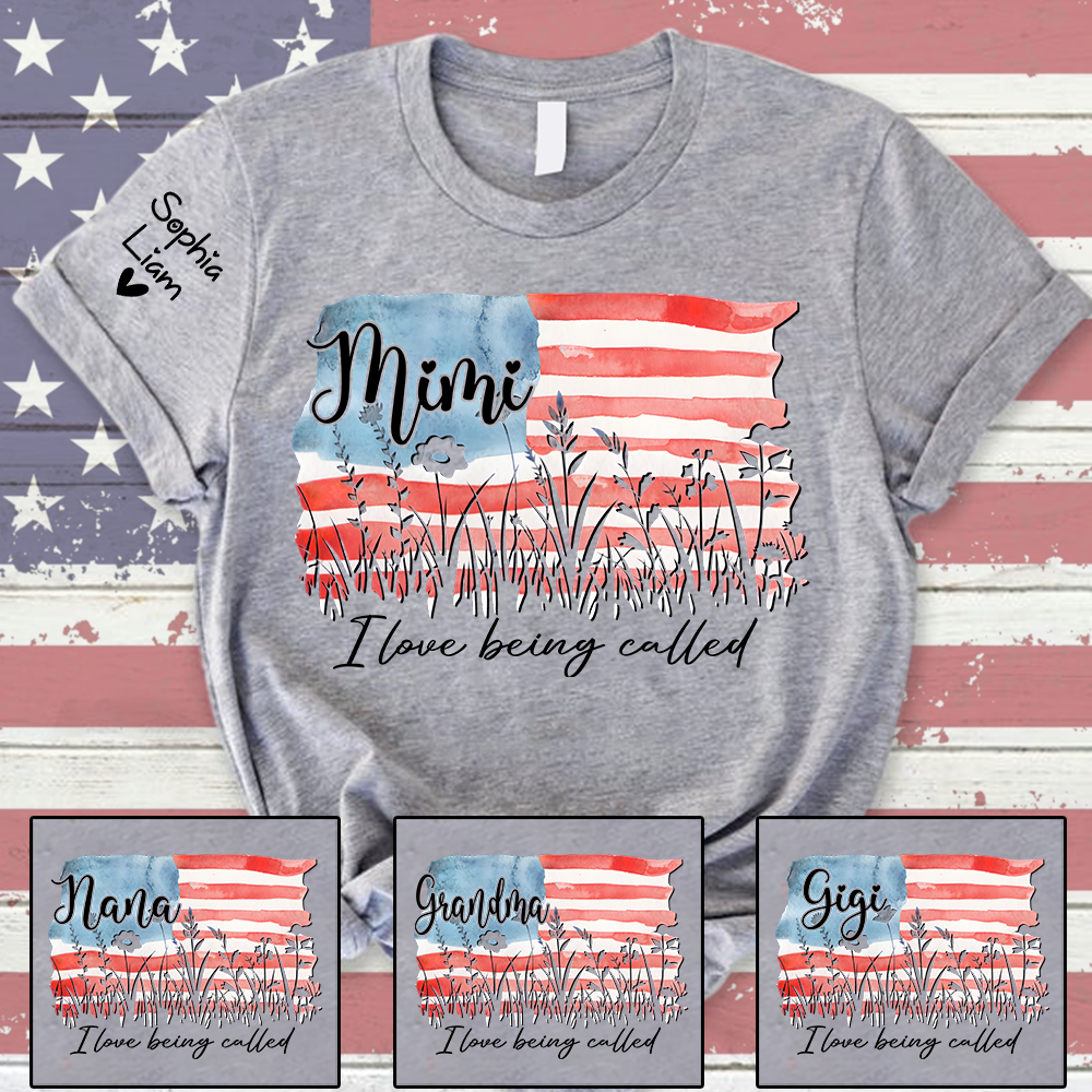 I Love Being Called Mimi Shirt, Personalized Grandma Tee with Sleeve Names, Patriotic Gift for Mimi, Family Matching Shirt