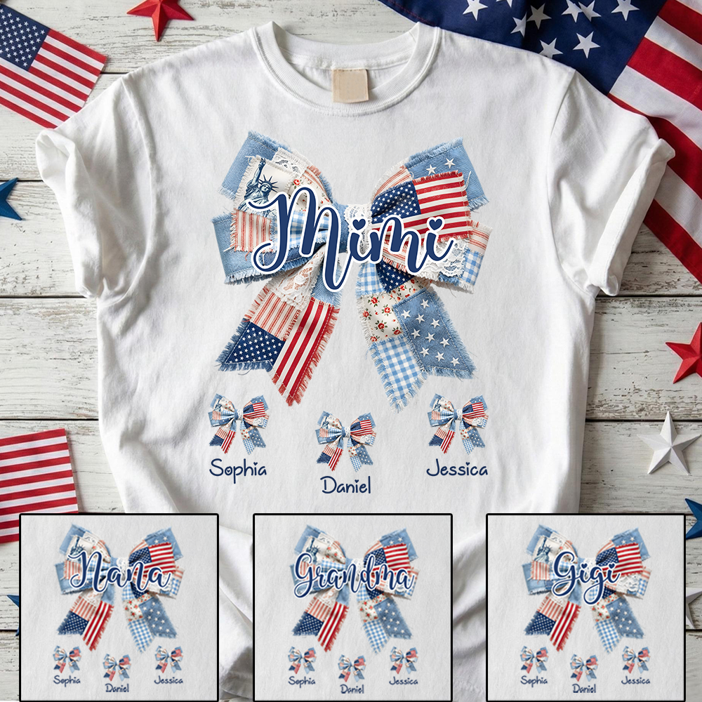 Custom Mimi Tee with Children’s Names, Patriotic Patchwork Bow Shirt, Perfect Gift for Grandma Holidays or Birthday