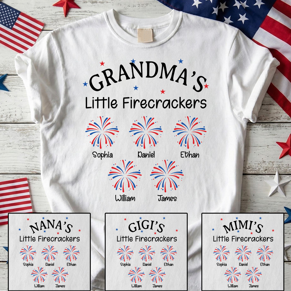 Grandma Little Firecrackers T shirt with Kids Names, Personalized Patriotic Shirt for 4th of July Family Gift