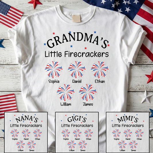 Grandma Little Firecrackers T shirt with Kids Names, Personalized Patriotic Shirt for 4th of July Family Gift