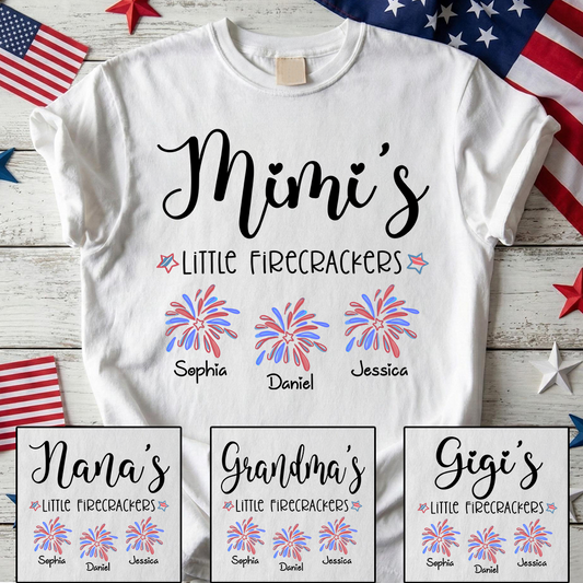 Mimi’s Little Firecrackers T Shirt, Custom Names with Firework Graphic, Great Gift for Grandma on 4th of July or Birthday