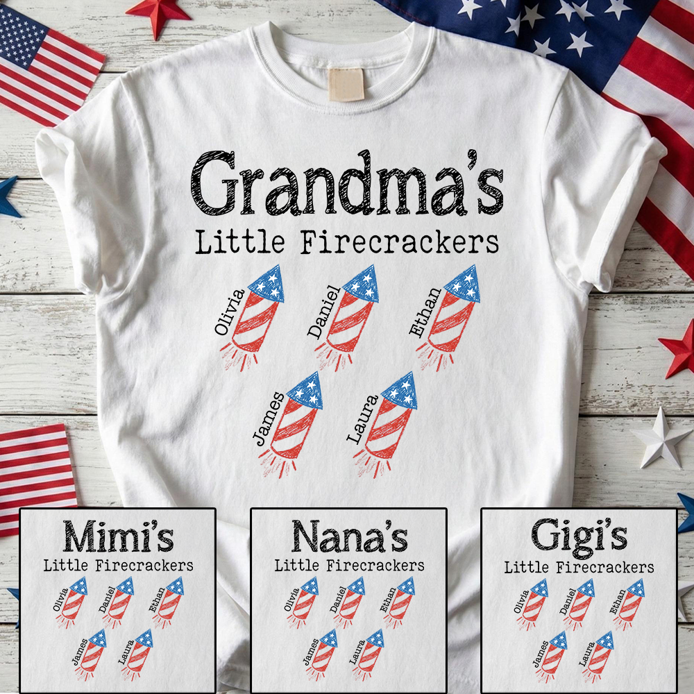 Custom Grandma Little Firecrackers T Shirt, Personalized Kids Names, Patriotic Firework Rockets Graphic, July 4th Family Matching Apparel