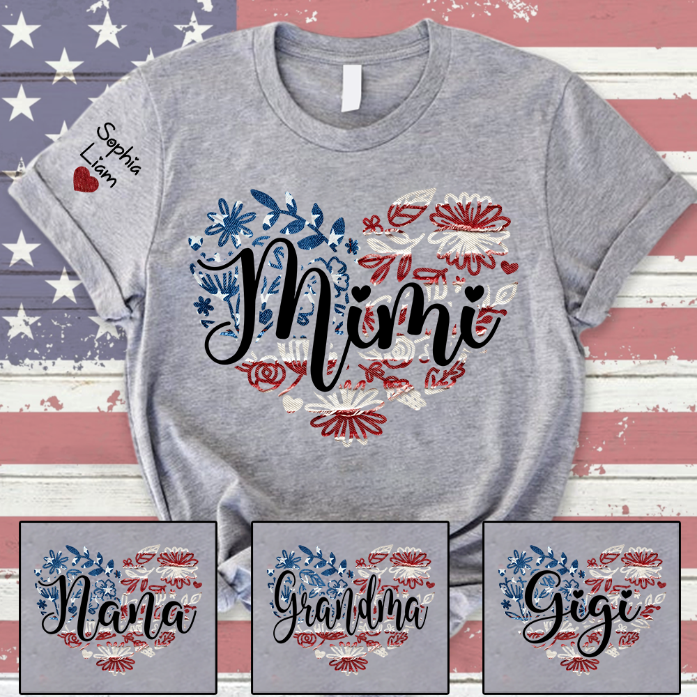 Custom Mimi T Shirt with Kids Names Patriotic Heart American Flag Floral Design Personalized Family Gift for Mimi