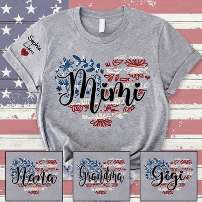 Custom Mimi T Shirt with Kids Names Patriotic Heart American Flag Floral Design Personalized Family Gift for Mimi
