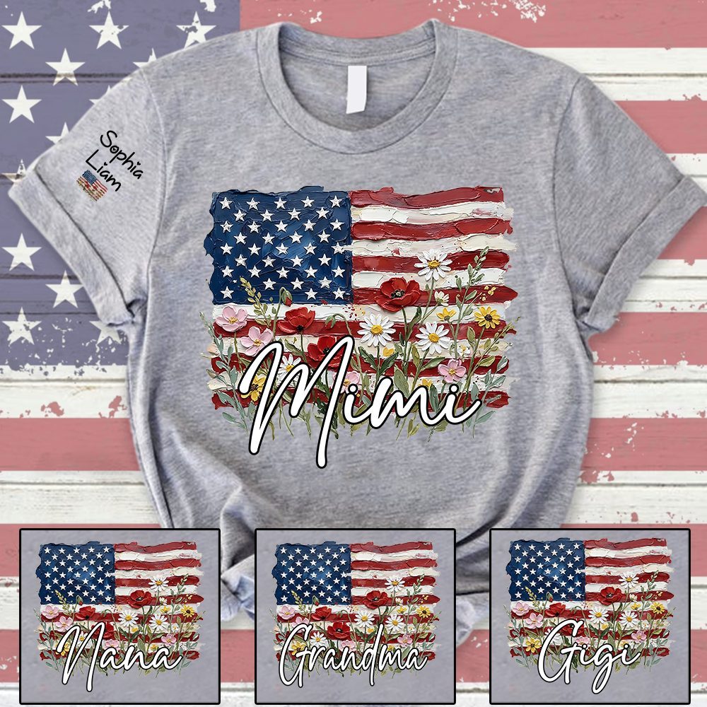 Personalized Mimi Shirt with American Flag Floral Design, Custom Grandma Name Tee, Family Gift Shirt