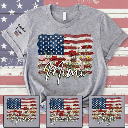 Personalized Mimi Shirt with American Flag Floral Design, Custom Grandma Name Tee, Family Gift Shirt