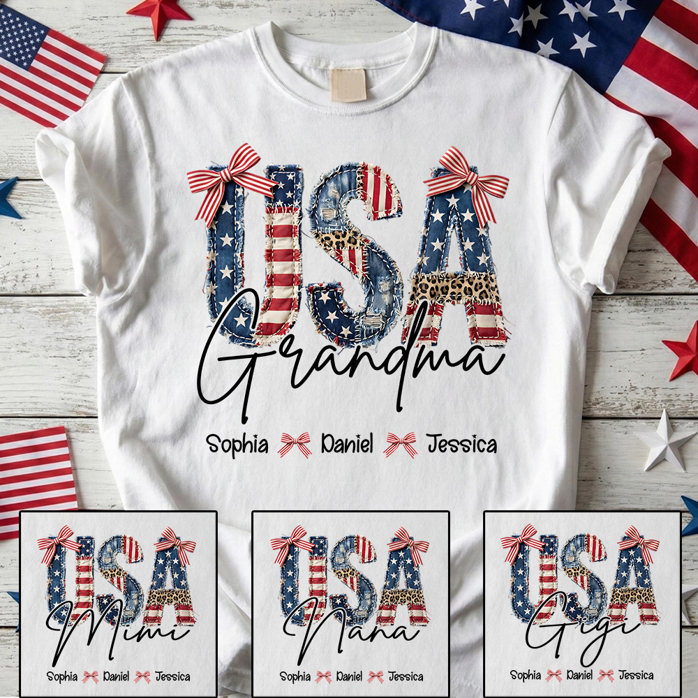 Custom Grandma T Shirt with Grandchildren Names Vintage USA Flag Patchwork Shirt Personalized Grandma Gift for Mom