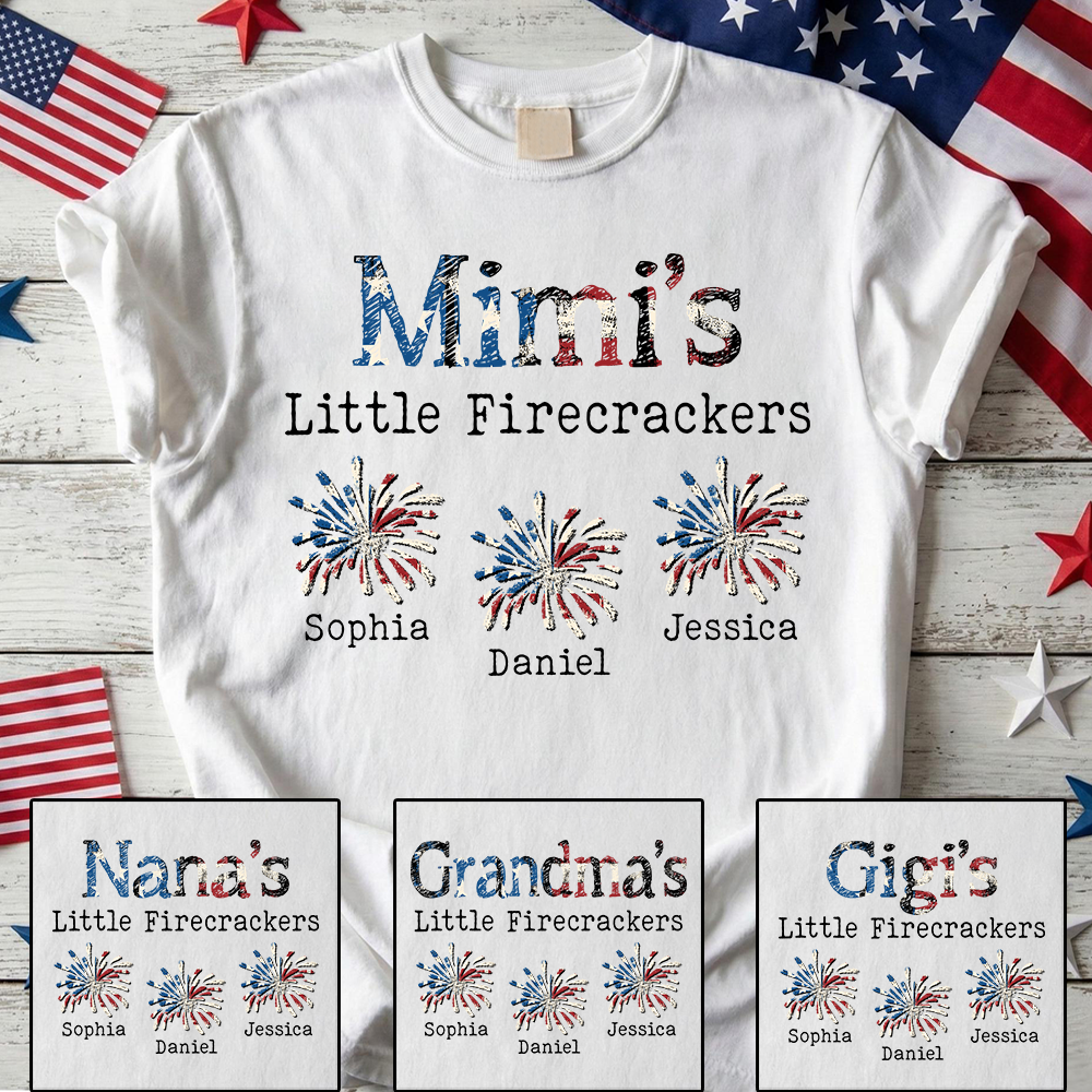 Personalized Mimi's Little Firecrackers Shirt with Kids Names, Custom Patriotic Family Tee, 4th of July Grandma Shirt for Women