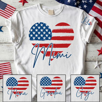 Personalized Mimi Shirt, American Flag Heart Design, Custom Name, Patriotic Fourth of July T Shirt, Independence Day Outfit
