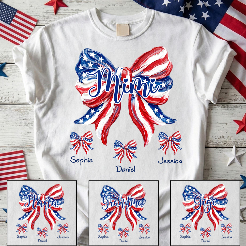 Patriotic Mimi Shirt for Grandma, Custom USA Flag Bow Tee, Personalized Family Names Summer Holiday Gift