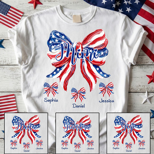 Patriotic Mimi Shirt for Grandma, Custom USA Flag Bow Tee, Personalized Family Names Summer Holiday Gift
