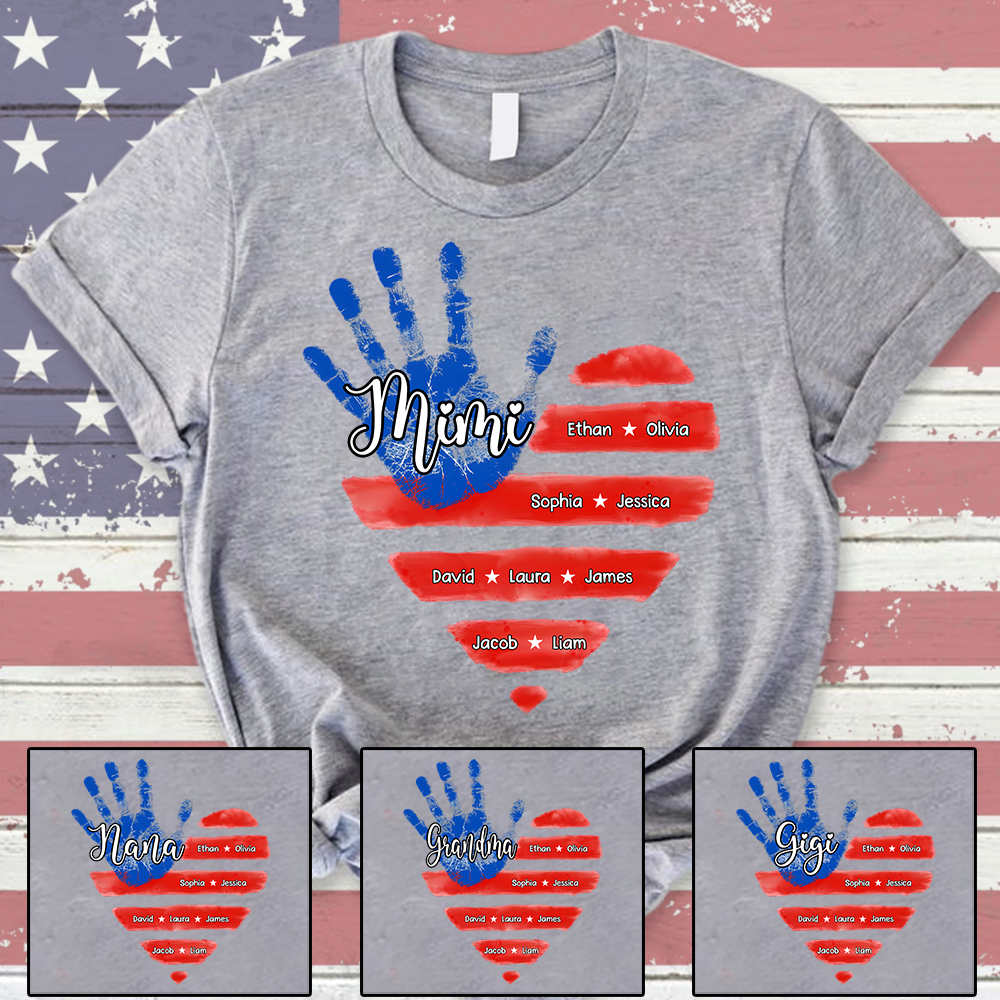 Custom Mimi Shirt, American Flag Handprint with Family Names, Personalized Gift for Mimi, Patriotic Grandkids Shirt