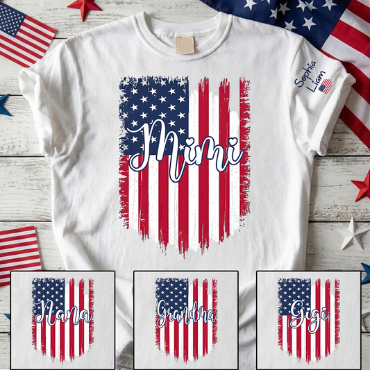 Personalized Mimi Shirt, American Flag Design, Custom Name, Patriotic 4th of July Shirt, Independence Day Family Tee
