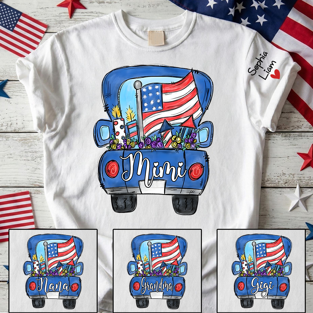 Mimi Shirt with Custom Names, Patriotic Pickup Truck Fireworks Graphic, Independence Day Family Matching Outfit