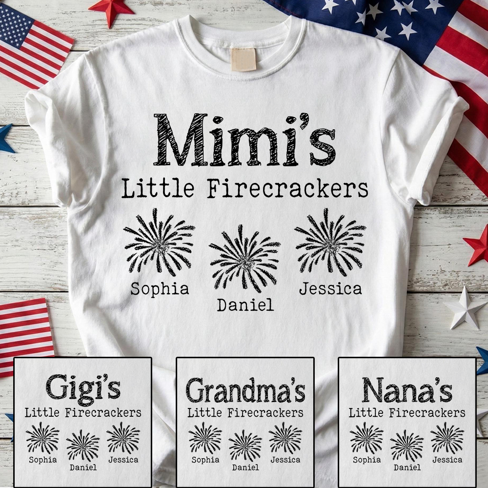 Mimi's Little Firecrackers Personalized T Shirt with Custom Kids' Names, Perfect for Independence Day
