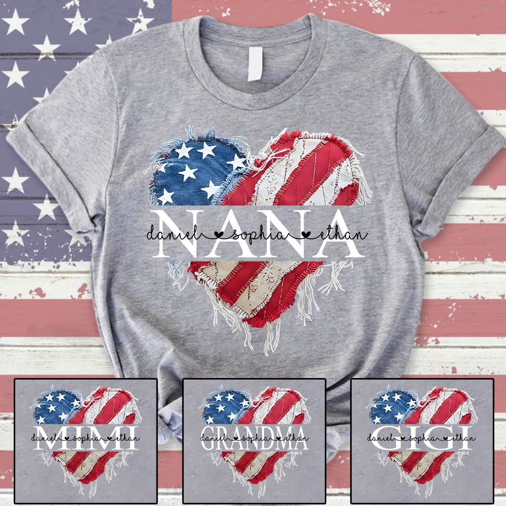 Personalized Nana T Shirt, Custom American Flag Heart Design with Family Names, Patriotic Gift for Nana
