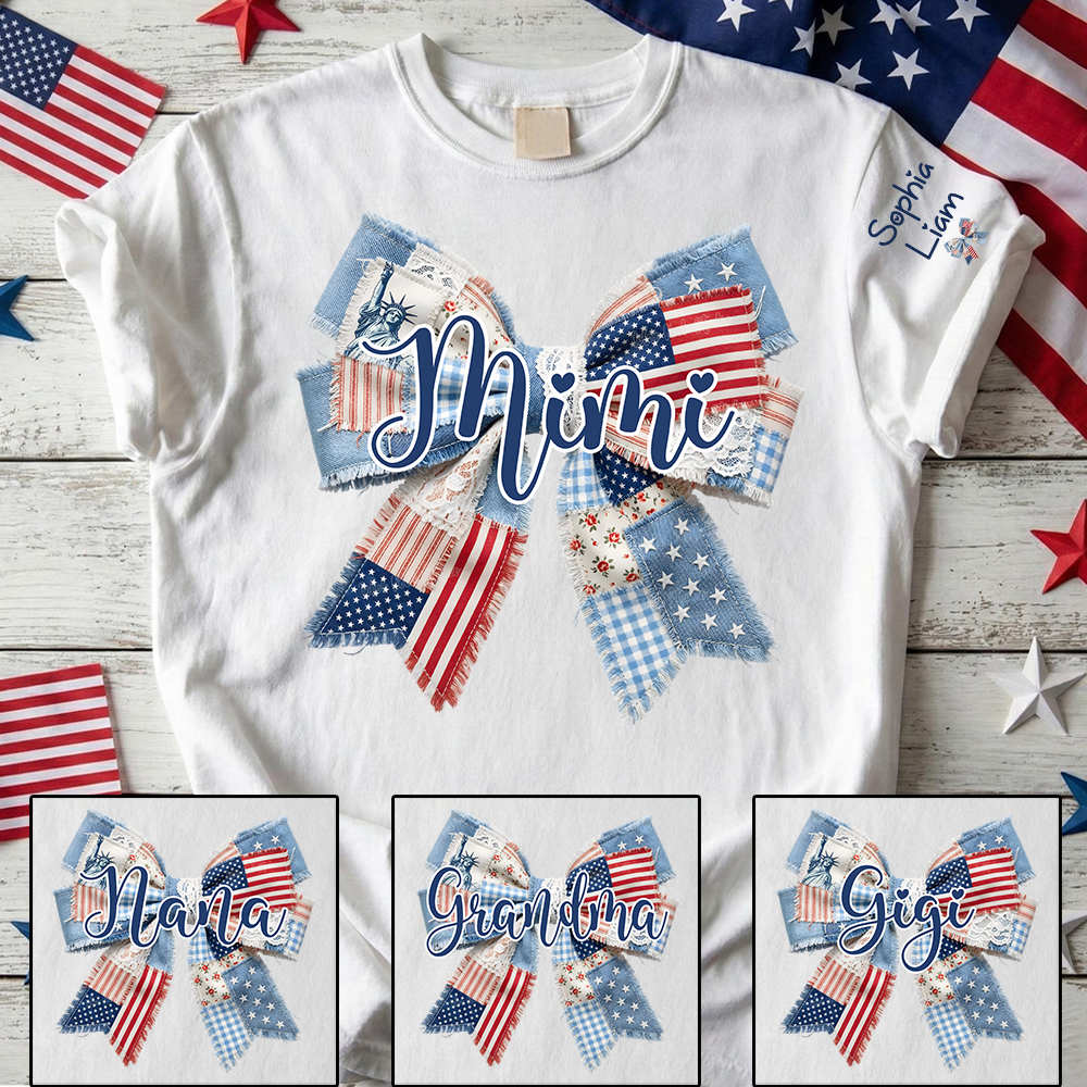 Patriotic Patchwork Bow Mimi T-Shirt, Personalized Grandma Tee with Kids Names for Birthday Mothers Day Christmas