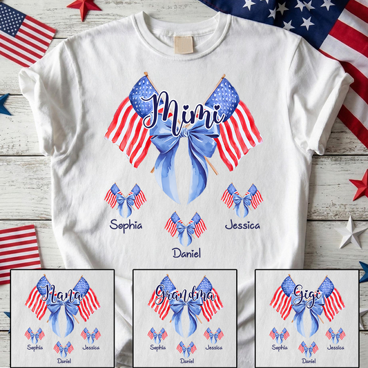 Personalized Mimi Patriotic Shirt with Kids Names, Custom Grandma American Flag Bow T Shirt for 4th of July Family Gift
