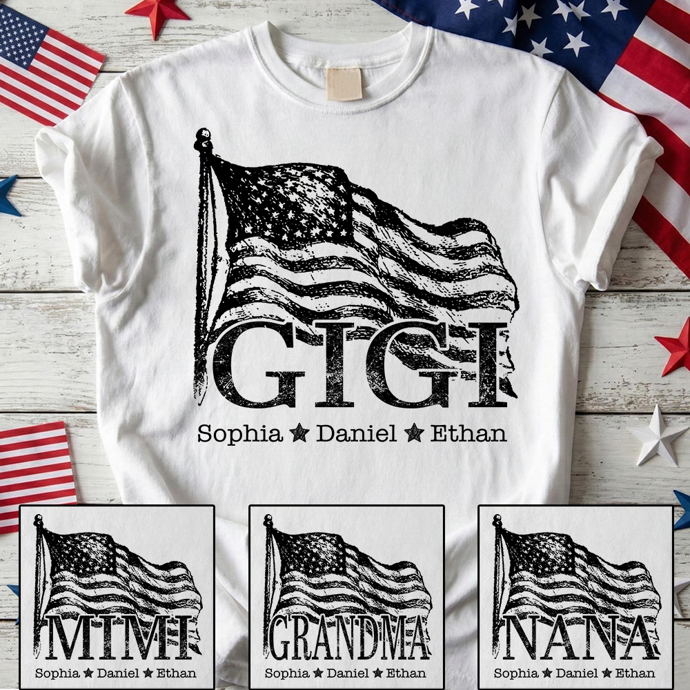 Gigi USA Flag T shirt, Personalized with Kids' Names, Custom Family Shirt for 4th of July