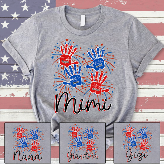 Personalized Mimi Shirt with Handprints, Custom Grandkids Names and Fireworks Design, Perfect Gift for Mimi