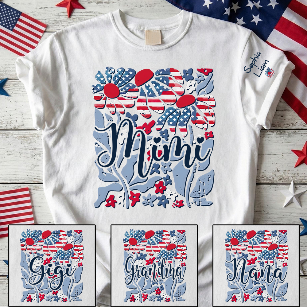 Custom Mimi Shirt with Patriotic Flowers and American Flag, Personalized Gift for Mom, Mother's Day T Shirt