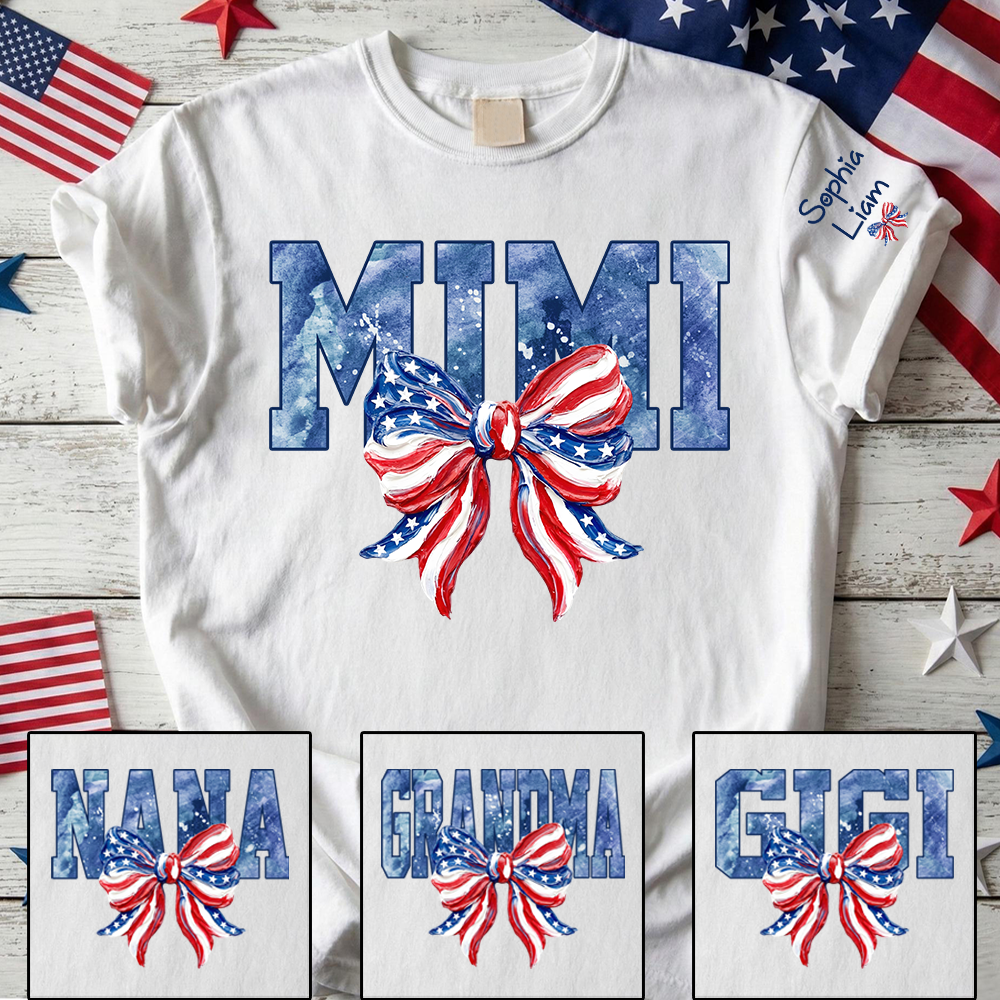 Custom Mimi Shirt with Sleeve Names, American Flag Bow Graphic Tee, Patriotic Grandma Independence Day Apparel