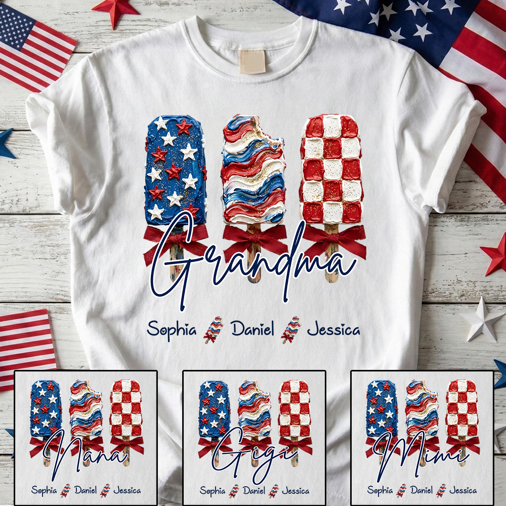 Personalized Grandma Patriotic Popsicle Shirt, Custom Grandma 4th of July T Shirt with Kids Names, Family Summer Gift
