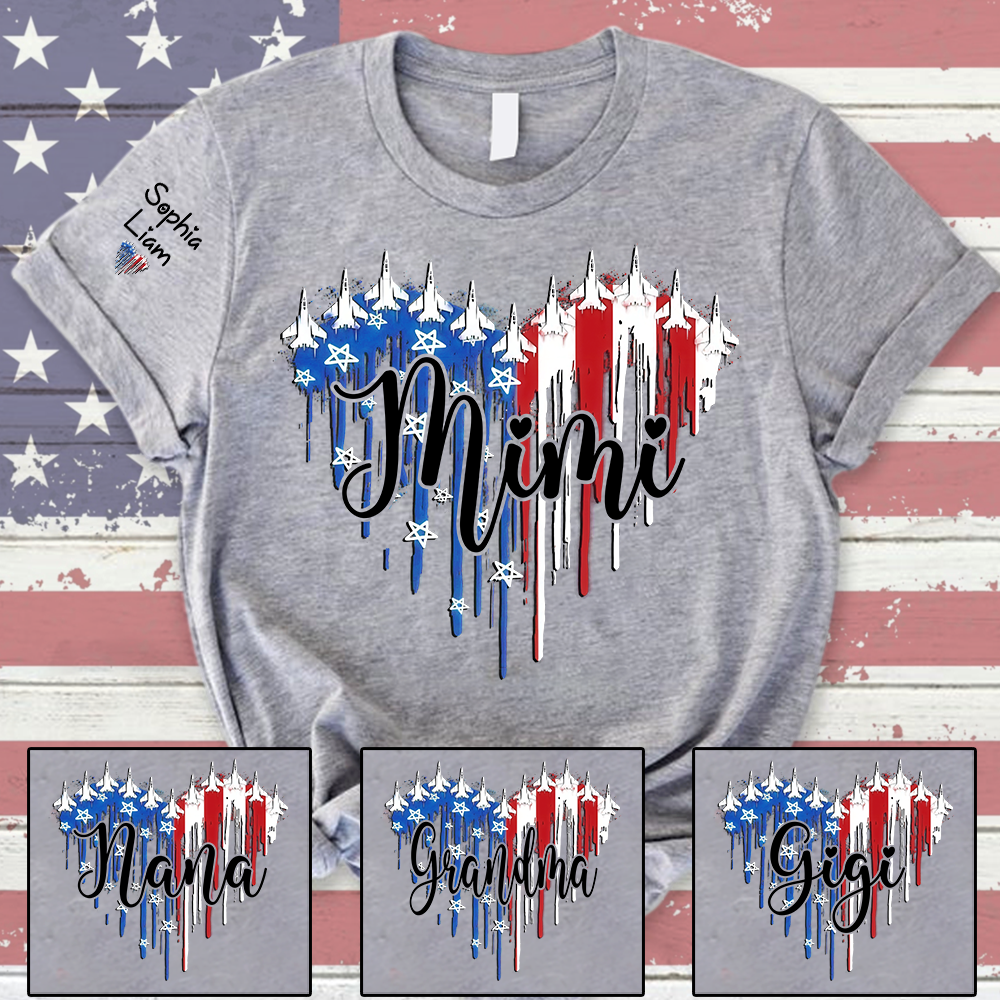 Custom Mimi Shirt with Dripping Flag, Personalized Family Names, American Flag Design, Patriotic Gift for Mimi