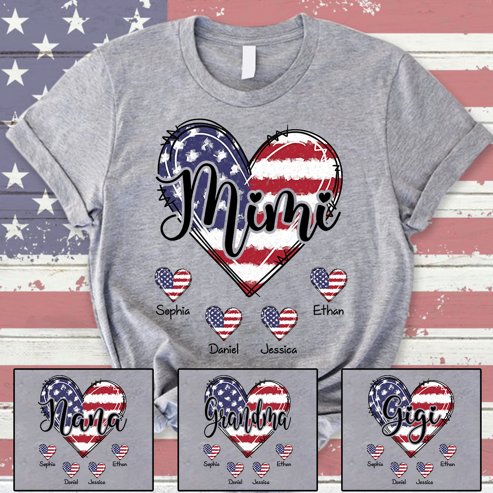 Custom Mimi Shirt with Grandkids Names American Flag Heart Design Personalized Family Name Tee