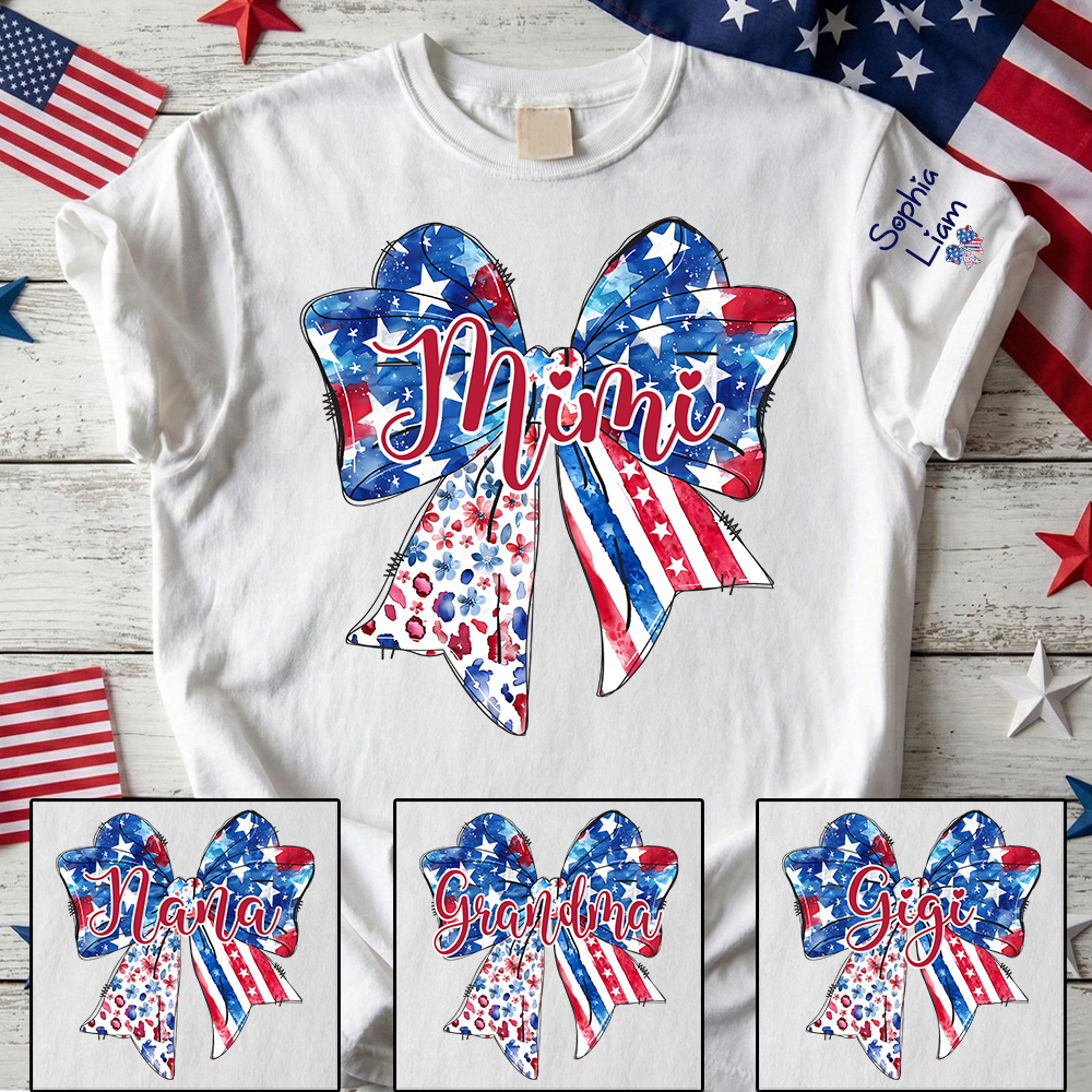 Custom Mimi Shirt with Sleeve Names, American Flag Bow Graphic Tee, Patriotic Grandma Independence Day Apparel