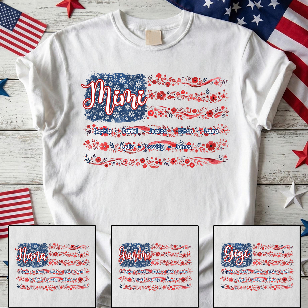 Mimi Floral American Flag Shirt, Custom Grandkids Name Tee, Patriotic Grandma Gift for Nana Mimi Great Grandma