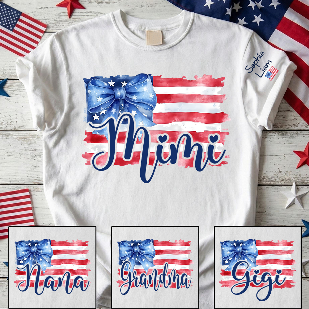 Personalized Mimi American Flag T Shirt with Blue Bow, Custom Mom Gift for Independence Day