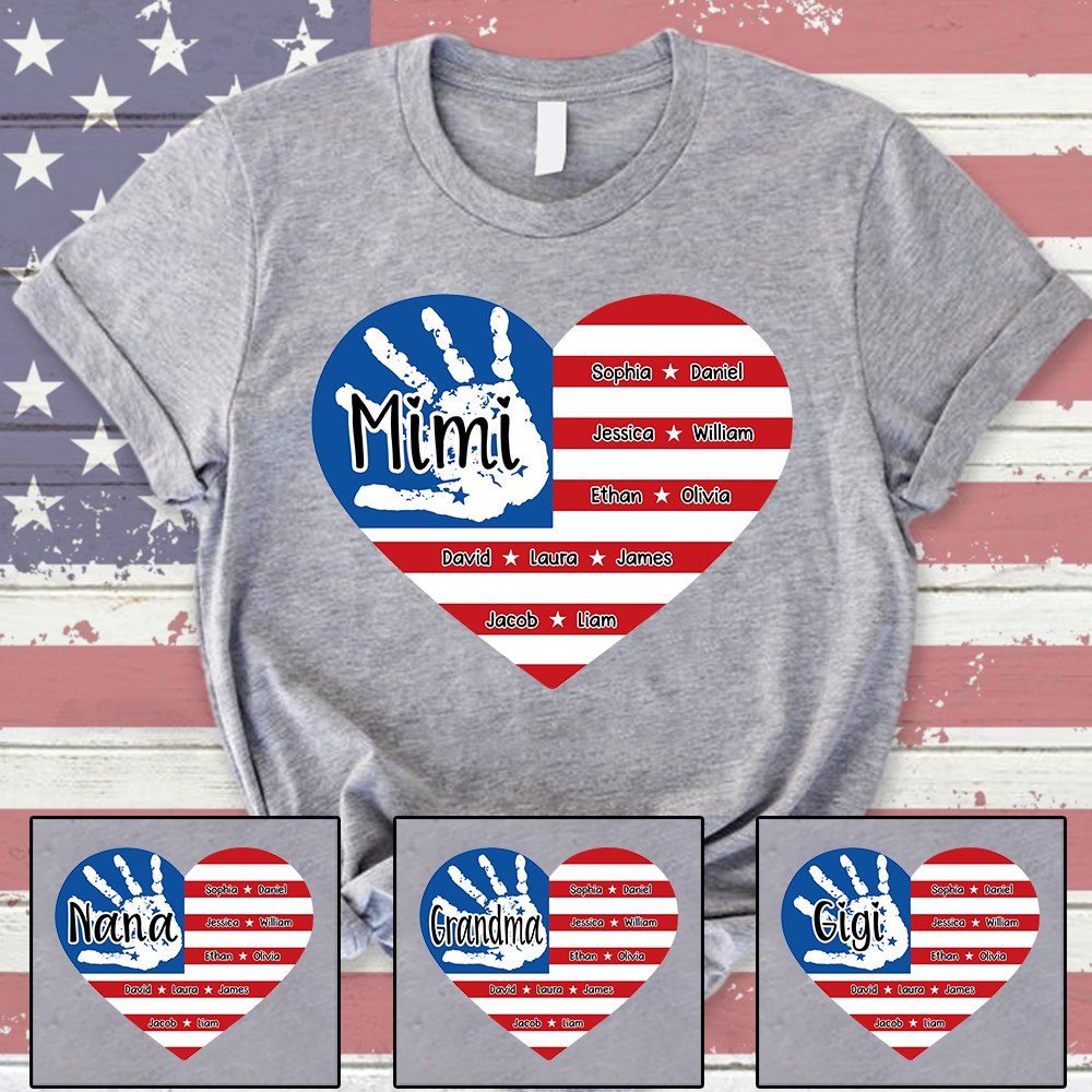 Mimi Custom T Shirt with Family Names, American Flag Heart and Handprint Design, Ideal Gift for Mimi
