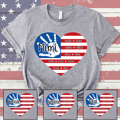 Mimi Custom T Shirt with Family Names, American Flag Heart and Handprint Design, Ideal Gift for Mimi