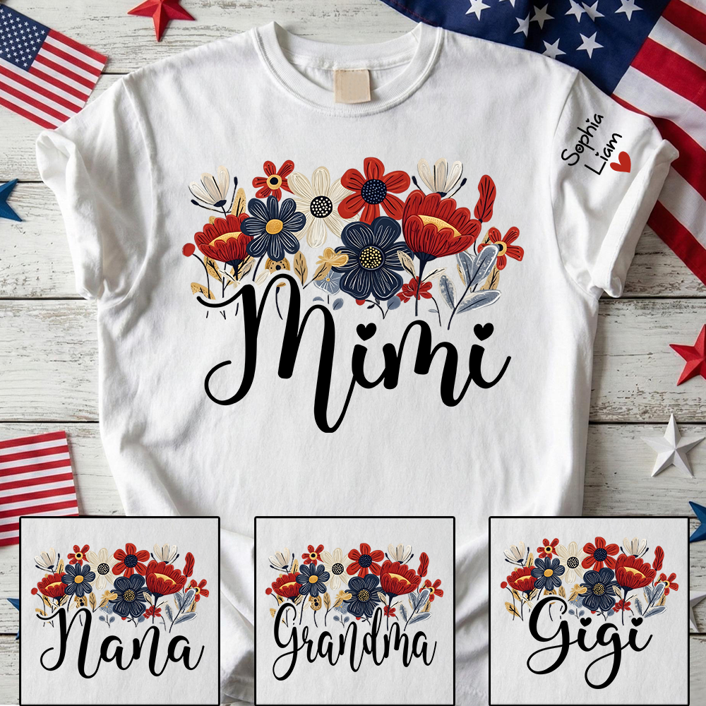 Personalized Grandma Mimi Shirt with Floral Design and Sleeve Names, 4th of July Shirt