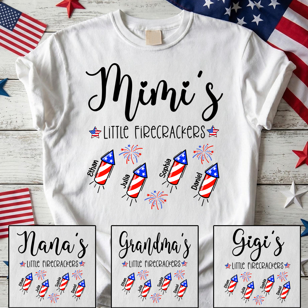 Custom Mimi Little Firecrackers Shirt, Children Names Personalized, Patriotic Stars Rockets Graphic, Family Matching Independence Day Apparel